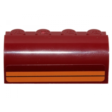 dark red slope curved 2 x 4 x 1 1 3 with 4 recessed studs with two orange stripes pattern sticker - set 75099