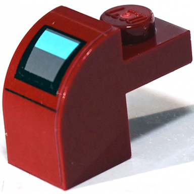 dark red slope curved 2 x 1 x 1 1 3 with recessed stud with black and dark bluish gray engine reactor vent and large medium azure trapezoid pattern sticker - set 75025