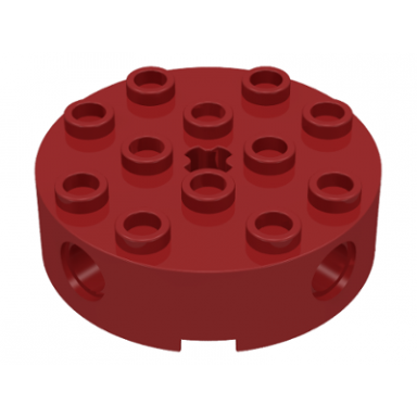 dark red brick round 4 x 4 with 4 side pin holes and center axle hole
