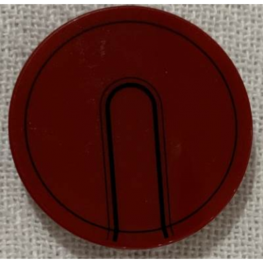 dark red tile round 3 x 3 with iron man helmet black circle and tab pattern