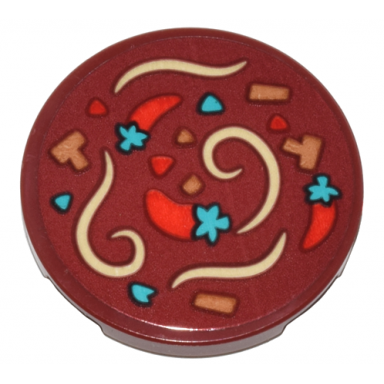 dark red tile round 3 x 3 with hot pot soup with tan noodles red peppers and medium nougat and dark turquoise ingredients pattern sticker - set 80036