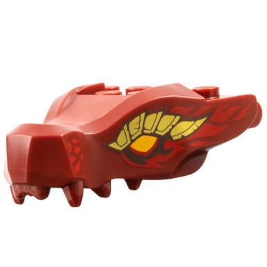 dark red dragon head ninjago jaw with 2 bar handles on back with bright light orange eyes gold scales and black and red flames pattern