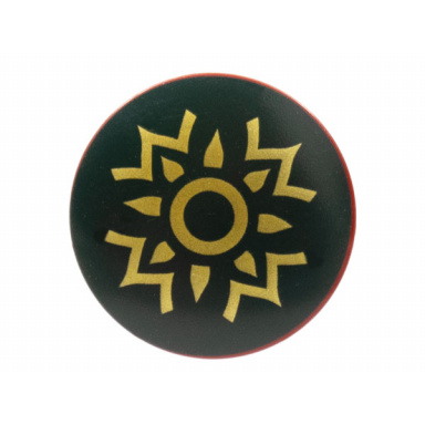 dark red minifigure shield circular round convex face with dark green and gold rohan pattern