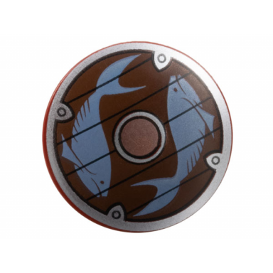 dark red minifigure shield circular round convex face with silver border copper center and sand blue fish on dark brown wood background pattern