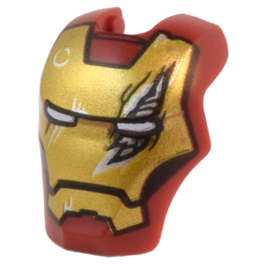 dark red minifigure visor top hinge large with gold face shield white eyes black trim on cheeks and silver damage pattern iron man mark 6