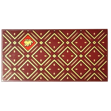 dark red tile modified 4 x 8 inverted with studs on edges with gold squares and lines with black outlines and hp gryffindor house lion on red background pattern sticker - set 76416