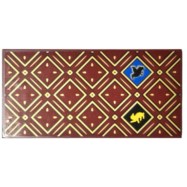 dark red tile modified 4 x 8 inverted with studs on edges with gold squares and lines with black outlines hp hufflepuff house badger on black background and ravenclaw raven on blue background pattern sticker - set 76416