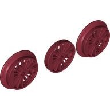 dark red train wheel rc spoked with technic axle hole and counterweight blind and flanged driver 3 in bag multipack