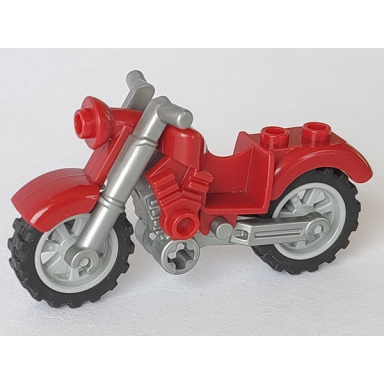 dark red motorcycle vintage with flat silver chassis and light bluish gray wheels