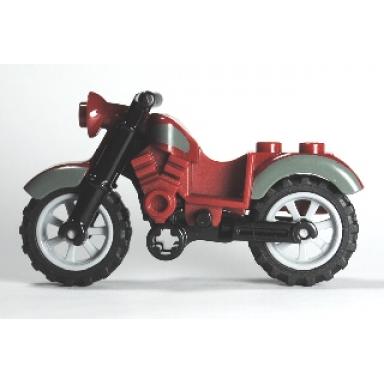 dark red motorcycle vintage with black chassis and light bluish gray wheels with dark bluish gray trim pattern