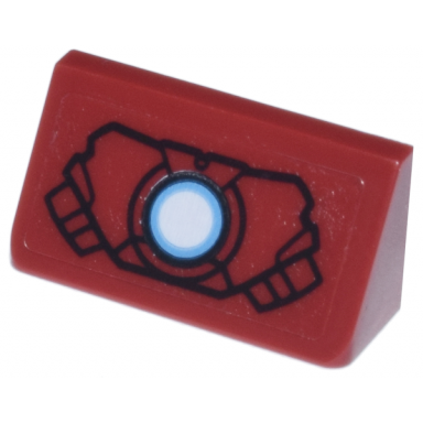 dark red slope 30 1 x 2 x 2 3 with black mark vii armor case and white and medium blue circle arc reactor pattern sticker - set 76269