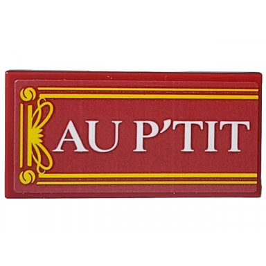 dark red tile 2 x 4 with yellow frame and white au ptit pattern sticker - set 910032
