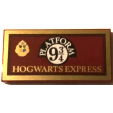 dark red tile 2 x 4 with black and white platform 9 3 4 hogwarts houses crest and hogwarts express on red background with gold border pattern