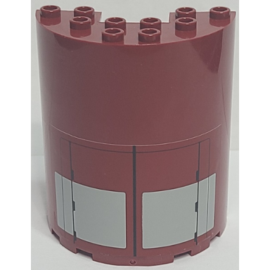 dark red cylinder half 3 x 6 x 6 with 1 x 2 cutout with black lines and light bluish gray rectangles pattern sticker - set 75025