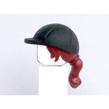 dark red mini doll hair combo hair with hat long ponytail side bangs hole in back with molded black horse riding helmet pattern