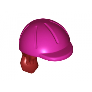 dark red mini doll hair combo hair with hat long ponytail side bangs hole in back with molded magenta horse riding helmet pattern