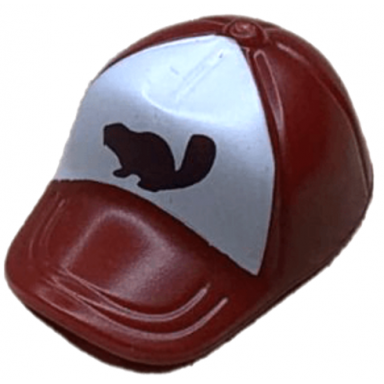 dark red minifigure headgear cap - short curved bill with seams and button on top with dark brown beaver silhouette on white background pattern