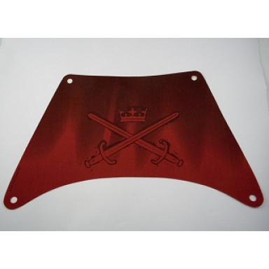 dark red cloth sail rectangle with crown and crossed swords pattern mainsail