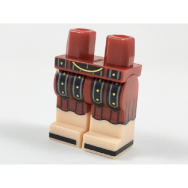 dark red hips and legs with tunic with leather straps with gold studs and light nougat feet with black sandals pattern