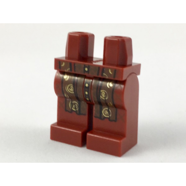 dark red hips and legs with reddish brown long scarf ends with gold and dark brown trim pattern