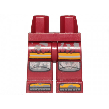 dark red hips and legs with silver and bright light orange knee pads and boots pattern