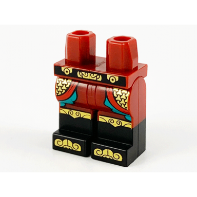 dark red hips and legs with black boots black belt ornate gold armor red and dark turquoise trim pattern