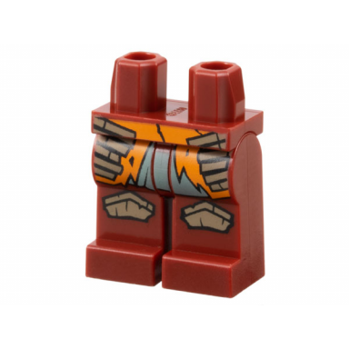 dark red hips and legs with orange tattered skirt over sand green robe bottom dark tan knee pads pattern