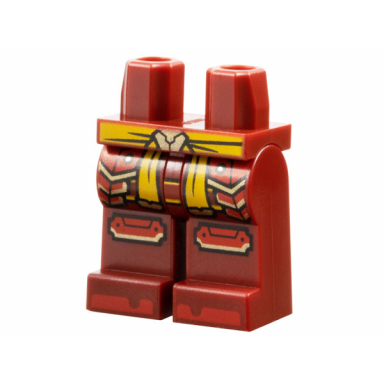 dark red hips and legs with bright light orange sash with gold clasp and ends red armor plates knee pads and shoe tips pattern
