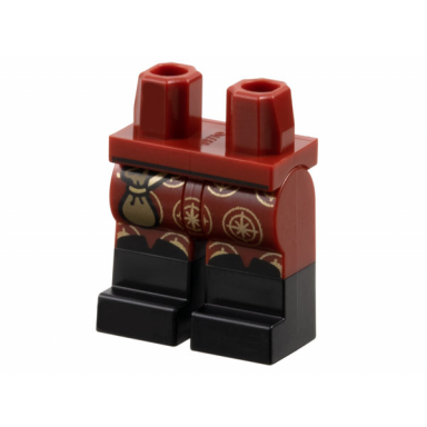 dark red hips and legs with molded black lower legs boots and printed dark tan pouch and gold compass logos pattern