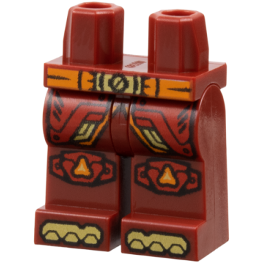 dark red hips and legs with orange belt with gold buckle red armor panels with trim and rivets knee pads shoe tips pattern
