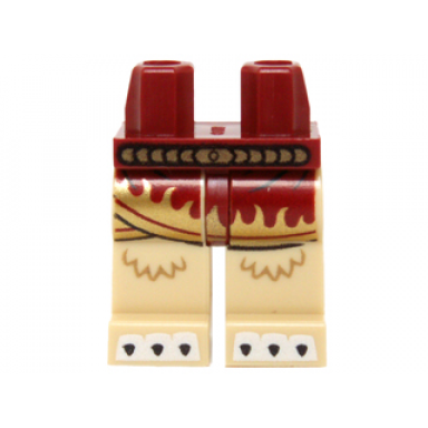 dark red hips and tan legs with dark red skirt with gold flames gold belt and white claws pattern