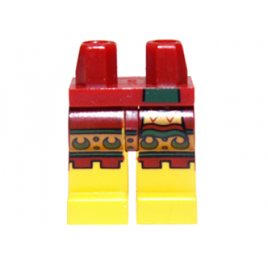 dark red hips and yellow legs with dark red loincloth and gold aztec pattern