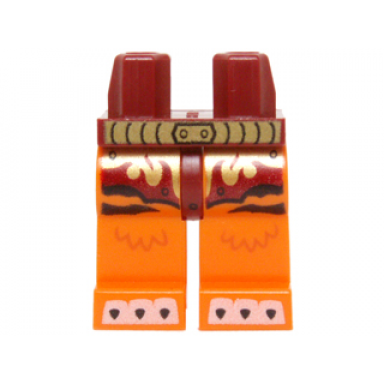 dark red hips and orange legs with dark red and gold loincloth gold belt and white claws pattern