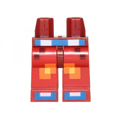 dark red hips and red legs with pixelated pants with orange and yellow squares blue belt and shoes pattern