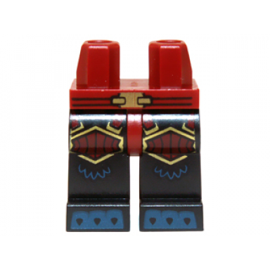 dark red hips and black legs with gold belt buckle dark red and gold knee pads dark blue toes with claws pattern