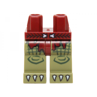 dark red hips and olive green legs with dark red loincloth tattered braided belt with bone buckle and white claws pattern