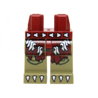 dark red hips and olive green legs with dark red loincloth bone belt cord with teeth and white claws pattern