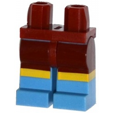 dark red hips and medium blue legs with dark red shorts and yellow knee stripes pattern