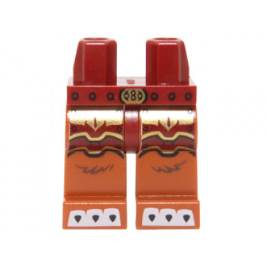 dark red hips and dark orange legs with dark red and gold armor gold belt buckle and white claws pattern