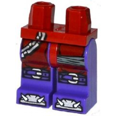 dark red hips and dark purple legs with silver chain gray wrappings buckles on knees and bones on feet pattern