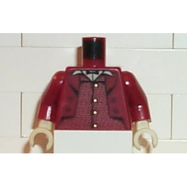 dark red torso suit jacket over vest with gold buttons tan shirt black bow tie pattern dark red arms tan hands