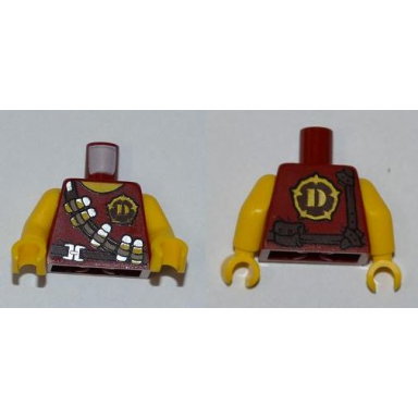 dark red torso dino tranquilizer bandolier belt and d pattern yellow arms yellow hands