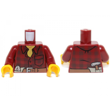 dark red torso flannel shirt with pocket and belt with pliers and hammer pattern dark red arms yellow hands