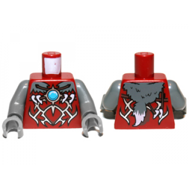 dark red torso armor vest with silver markings fur animal pelt and dark azure round jewel chi pattern dark bluish gray arms dark bluish gray hands