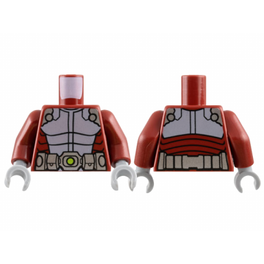 dark red torso body armor with light bluish gray panels silver shoulders utility belt with lime dot pattern dark red arms light bluish gray hands