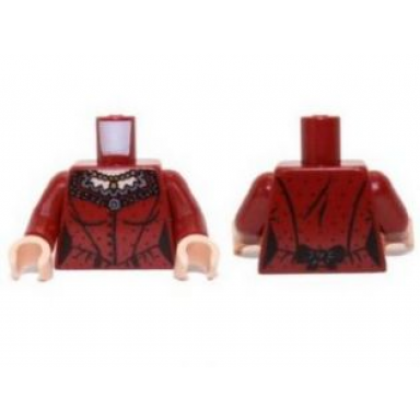 dark red torso spotted dress with buttons ruffles and gold necklace pattern dark red arms light nougat hands
