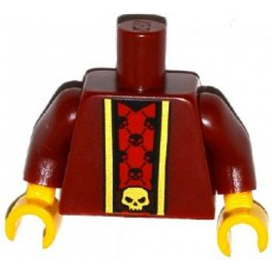 dark red torso robe with gold trim over red shirt with black skulls and belt with gold skull buckle pattern dark red arms yellow hands