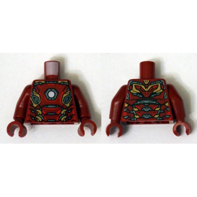 dark red torso armor with white circle and gold and silver plates pattern dark red arms dark red hands