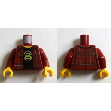dark red torso plaid flannel shirt with buttons over black t shirt with blacktron 2 logo pattern dark red arms yellow hands