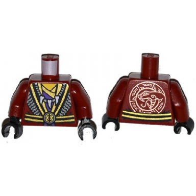 dark red torso robe with black and gold belt and trim over dark purple shirt white animal tooth claw necklace yellow neck copper snake head emblem on back pattern dark red arms black hands